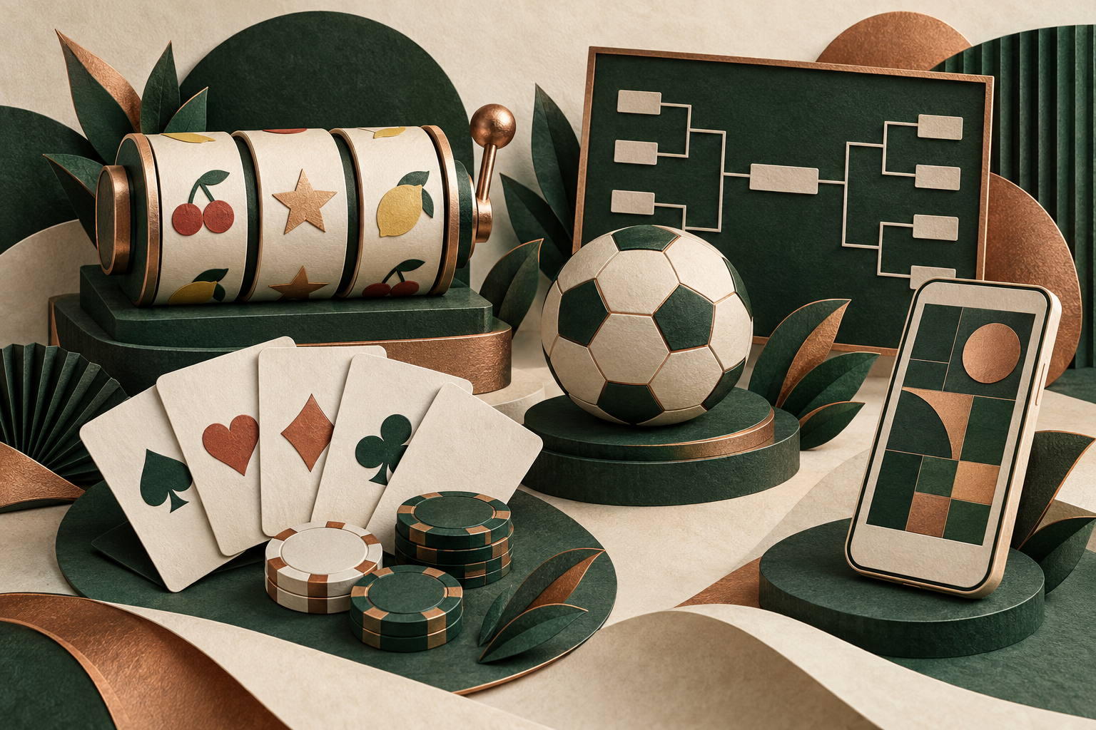 Ilustrasi editorial katalog permainan: gulungan simbol, kartu, bola olahraga, dan layar ponsel abstrak.
