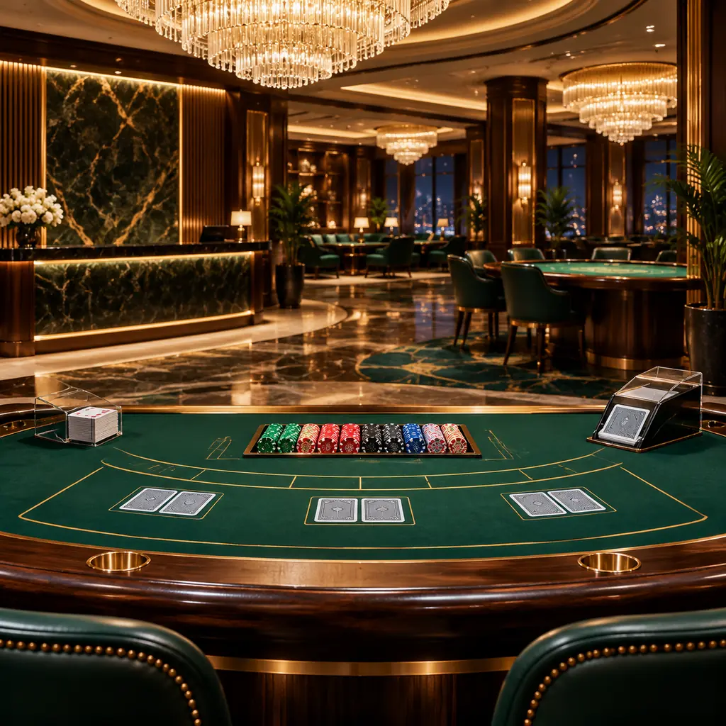 Area penerimaan kasino dengan meja baccarat dan lampu gantung keemasan