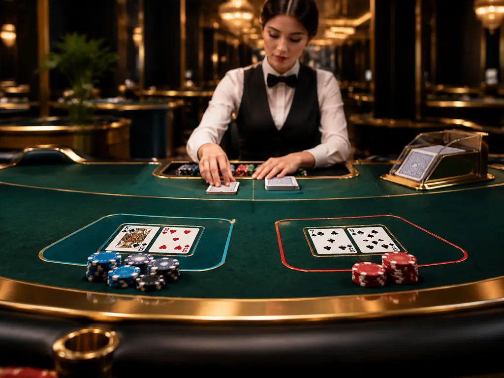 Meja baccarat live dengan dealer dewasa dan kartu di kasino