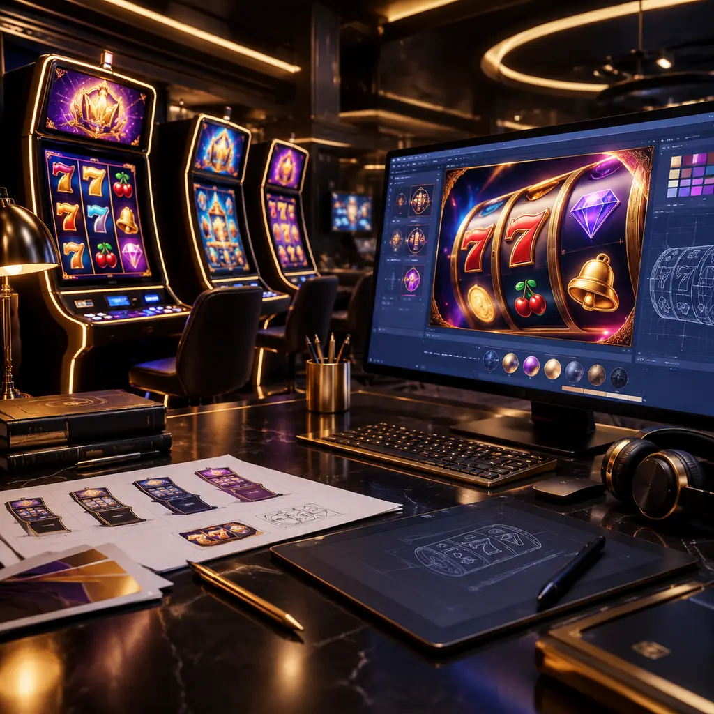 Studio pengembang game kasino dengan kabinet slot dan layar desain