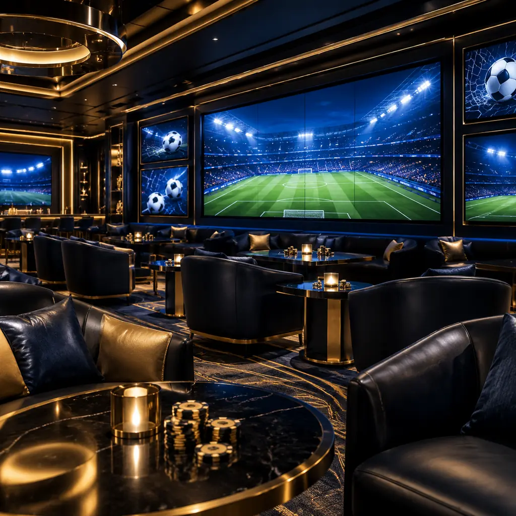 Lounge sportsbook kasino dengan layar pertandingan dan kursi kulit