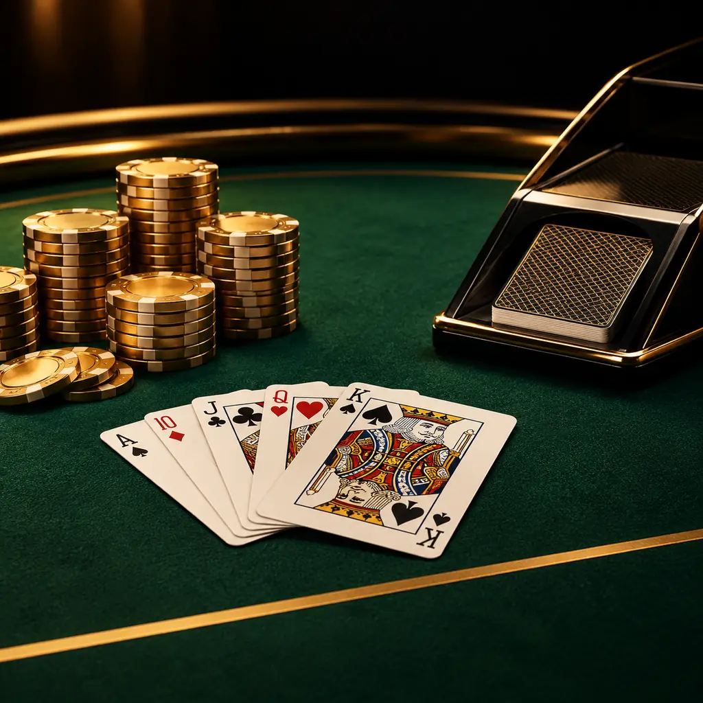 Kartu baccarat, sepatu kartu, dan keping di meja hijau